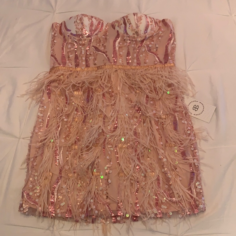 Bella Barnett Laila Pink Sequin Feather Mini Dress *NWT Never Worn*